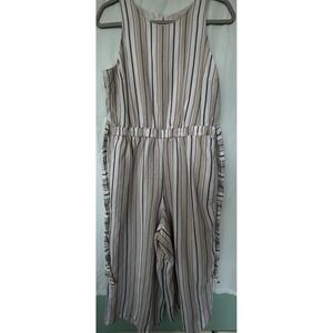 Loft Sz 6 Striped Midi Jumpsuit Tan Ties Stretch Waist Linen Lined Beach Boho